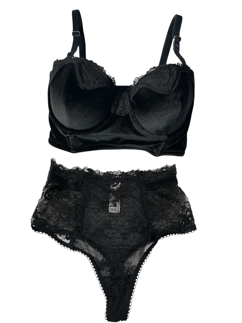 Victoria's Secret Black Velvet Longline Bra with Lace High-Waist Thong 32DD | XS